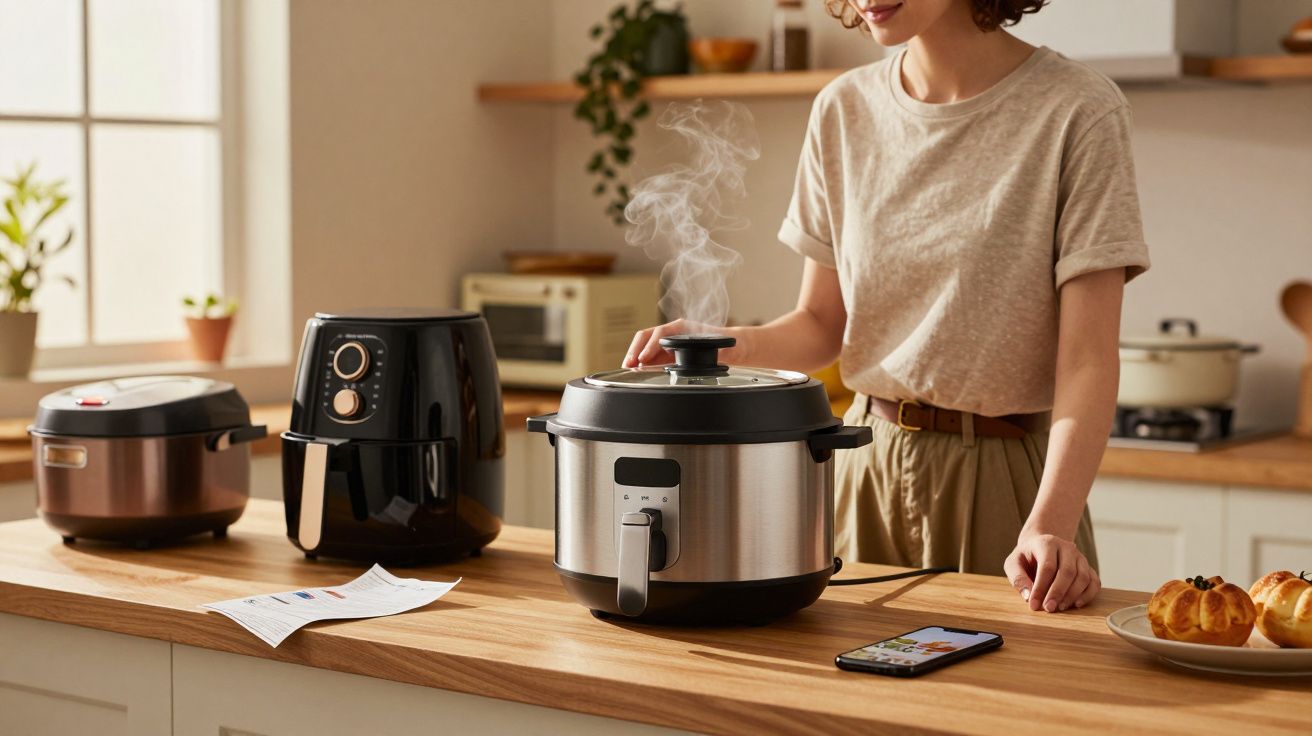 Mulher na cozinha usando panela elétrica que solta vapor enquanto cozinha na bancada com outros eletrodomésticos.