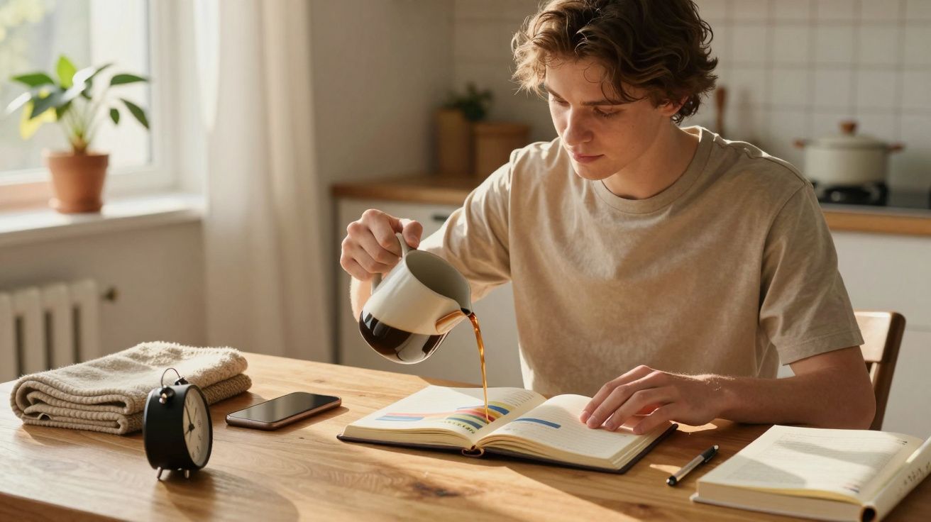 Jovem sentado à mesa, derramando café sobre livro aberto durante o dia.
