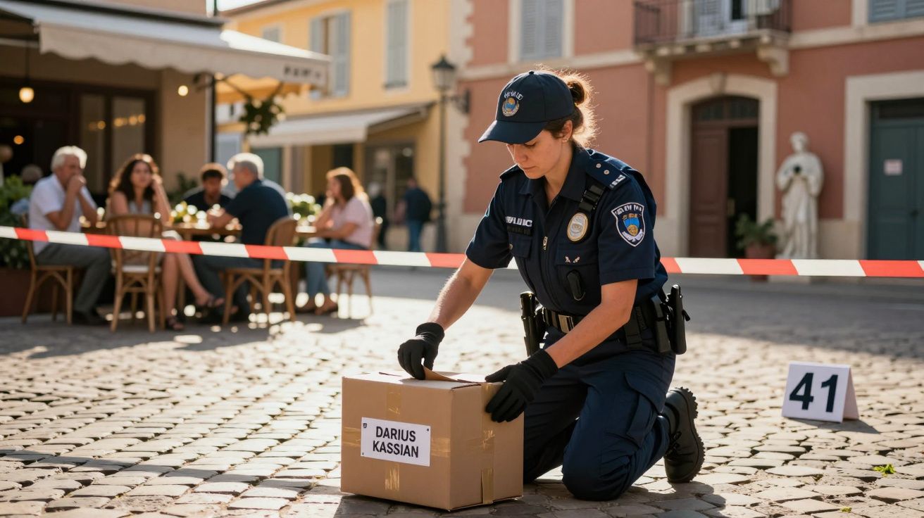 Policial investigadora examinando caixa marcada em área isolada com fita em praça pública.
