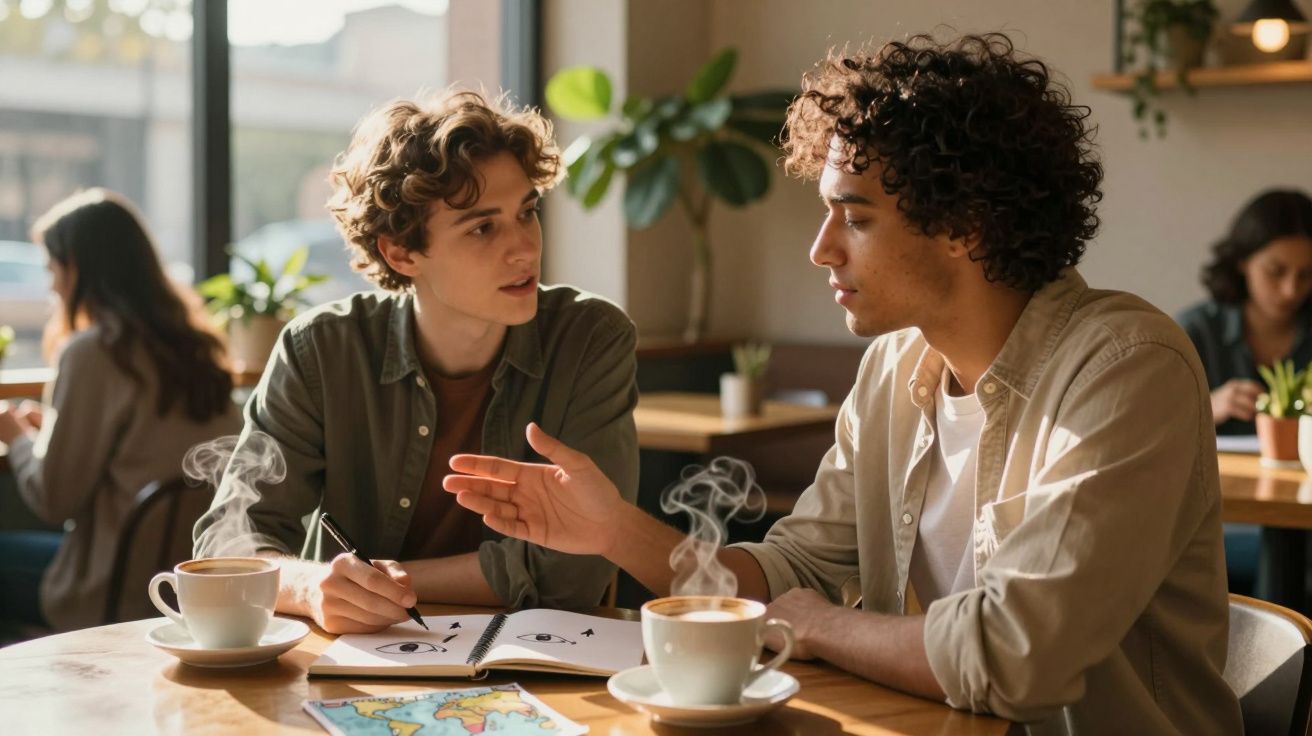 Dois jovens conversam em café, um desenhando enquanto tomam café quente em uma mesa iluminada.