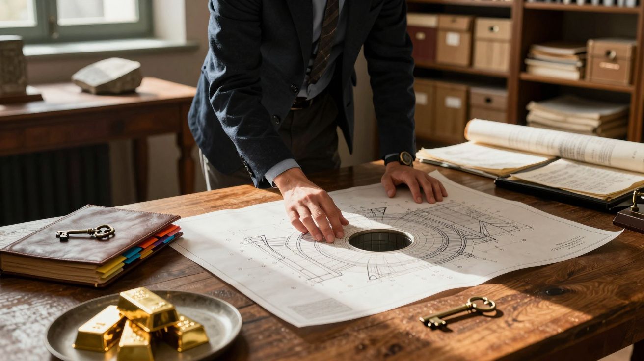 Pessoa analisando um desenho técnico em uma mesa com pilha de barras de ouro e duas chaves antigas.