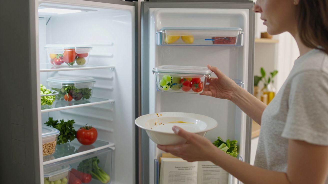 Pessoa guardando alimentos frescos em potes transparentes dentro de geladeira doméstica aberta.