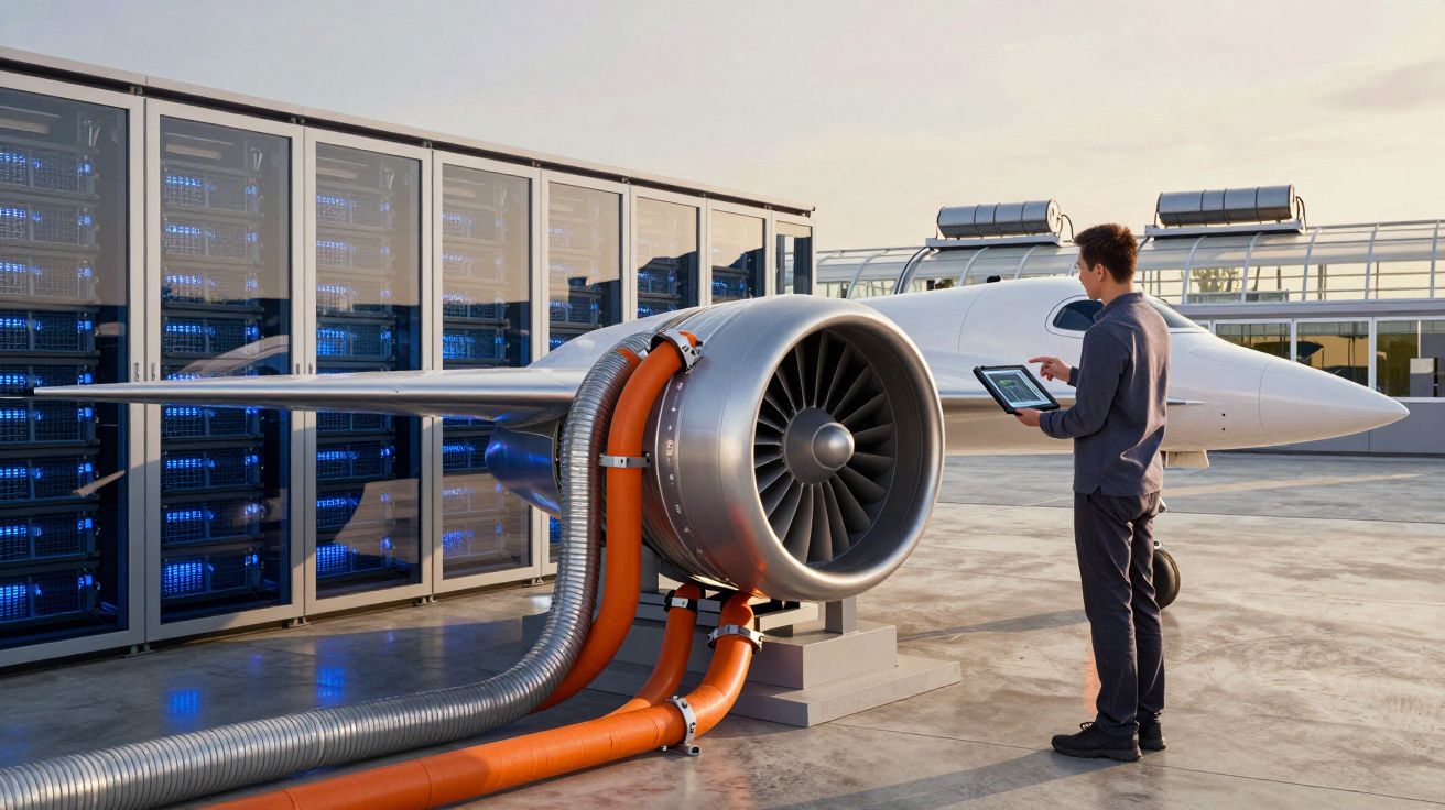 Homem usando tablet ao lado de motor de avião com cabos conectados na área externa de um data center.