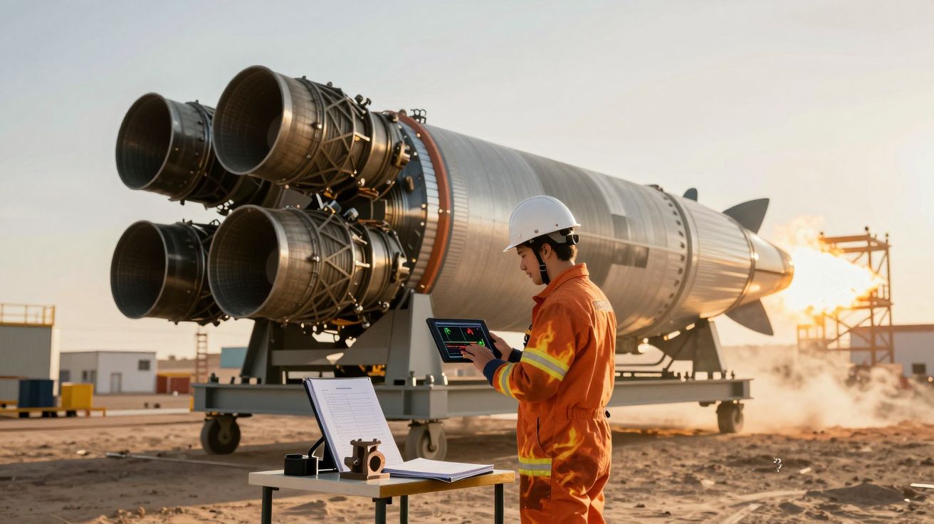 Técnico em macacão laranja e capacete monitora computador ao lado de foguete em teste de propulsão ao ar livre.