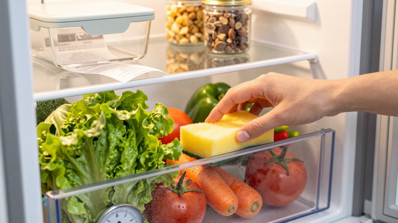 Mão pegando esponja dentro de geladeira com alface, tomates, cenouras e pimentão verde.