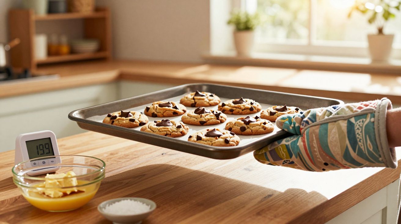 Bandeja com cookies de chocolate sendo retirada do forno por mão com luva térmica colorida na cozinha.