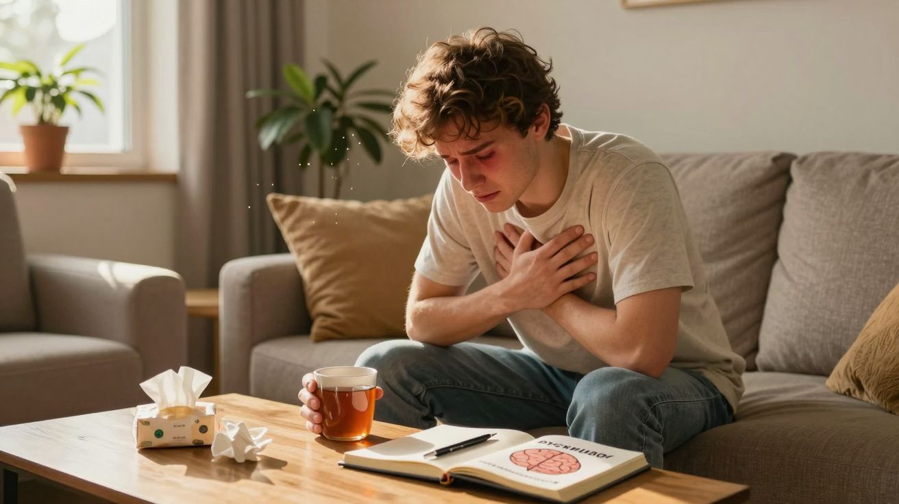 Jovem sentado no sofá com as mãos no peito, aparentando dor, segurando um copo de chá.