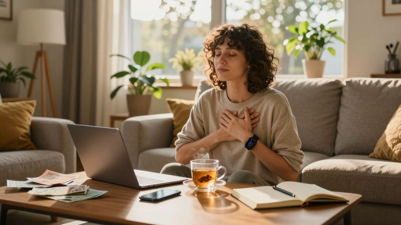 Mulher sentada no sofá com olhos fechados, mãos no peito, laptop e chá na mesa à frente em ambiente iluminado.