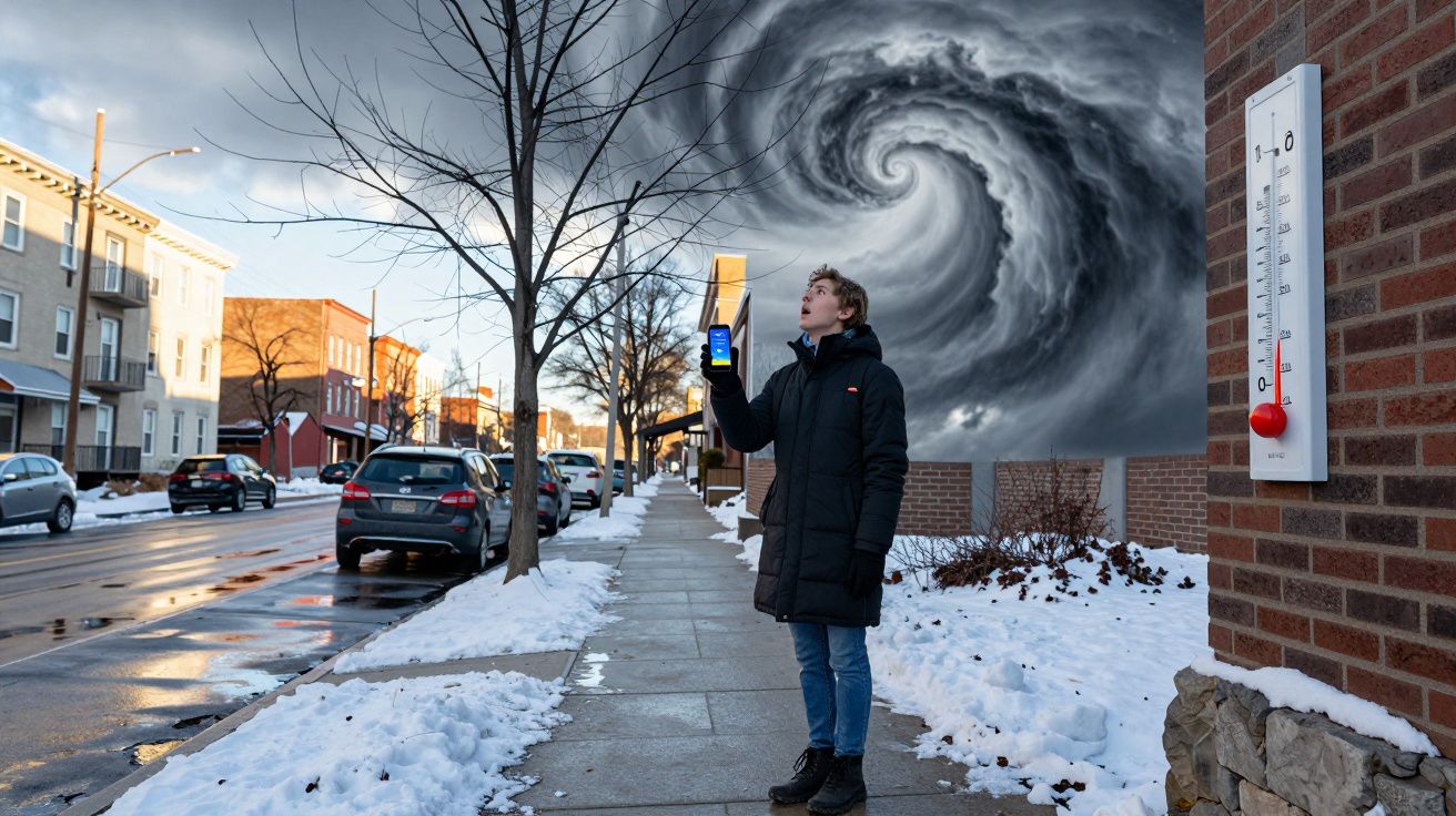 Pessoa com casaco preto segura celular sob céu com redemoinho escuro, rua com neve e termômetro na parede.