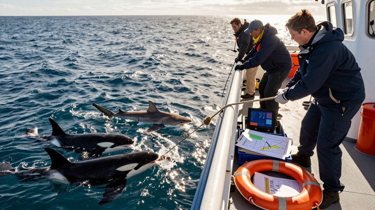 Três orcas e um tubarão nadam ao lado de um barco com três homens puxando uma corda no mar.