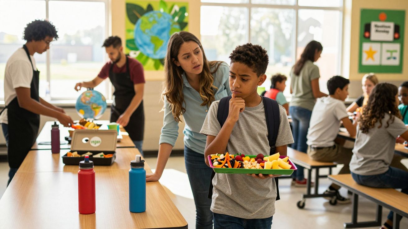 Garoto segurando bandeja de comida na fila do refeitório da escola com professora ao lado orientando.