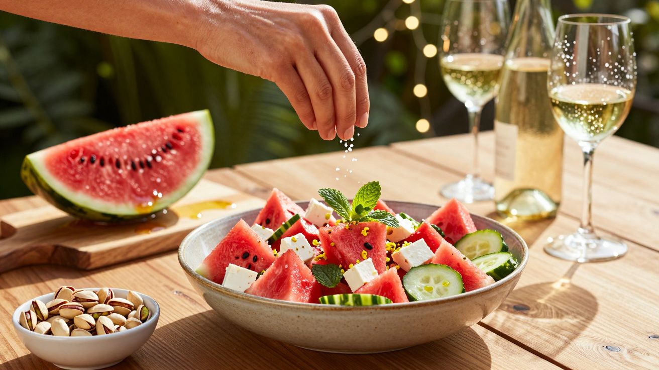 Pessoa salpicando sal em salada com melancia, queijo feta, pepino e hortelã, ao lado de pistaches e taças de vinho branco
