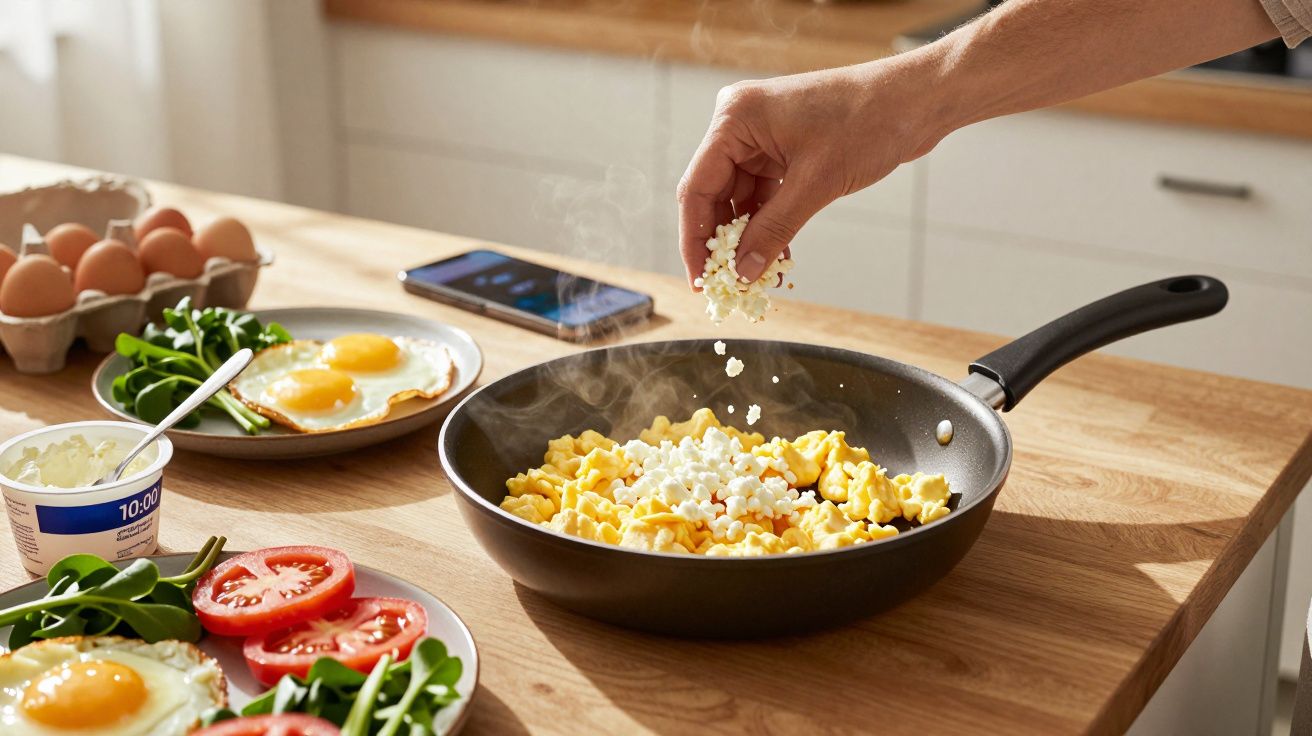 Pessoa adicionando queijo cottage em ovos mexidos em frigideira, ao lado de pratos com ovos fritos, tomates e espinafre.