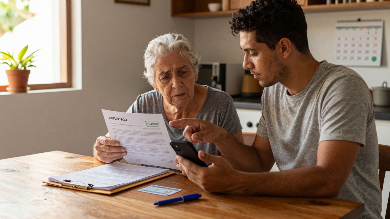 Homem ajudando mulher idosa a entender documento enquanto usa celular à mesa da cozinha.