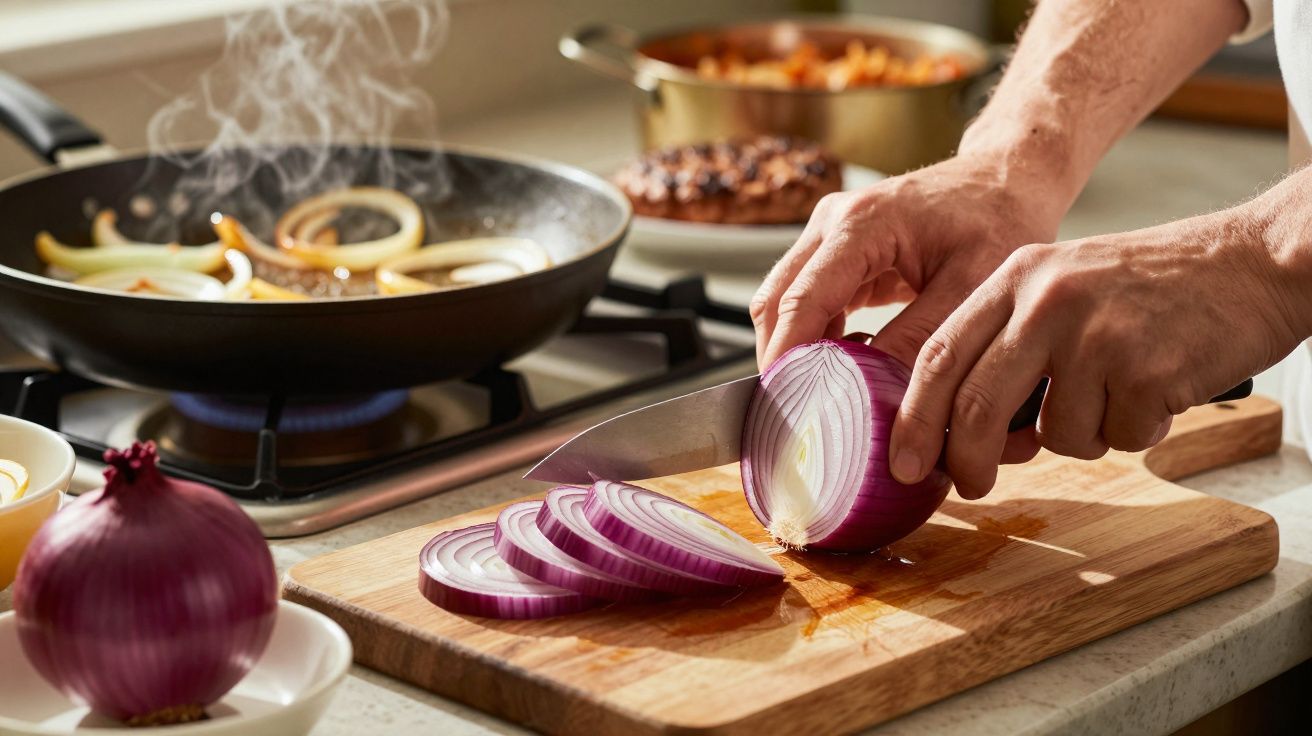 Pessoa cortando cebola roxa em fatias sobre tábua de madeira em cozinha com panela no fogão.