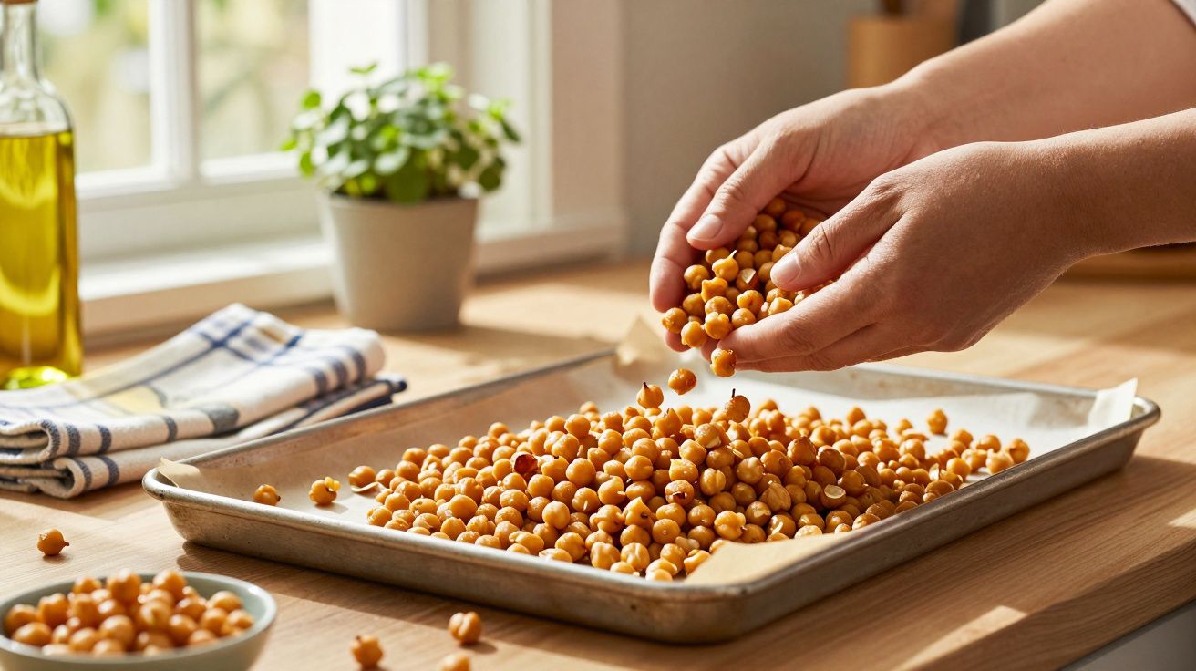 Mãos espalhando grão-de-bico em assadeira sobre bancada de madeira em cozinha iluminada.