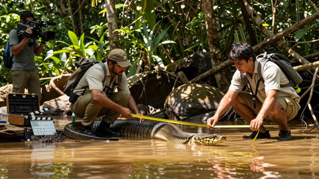 Dois homens medem uma sucuri gigante em rio, enquanto um cameraman grava a cena na floresta.