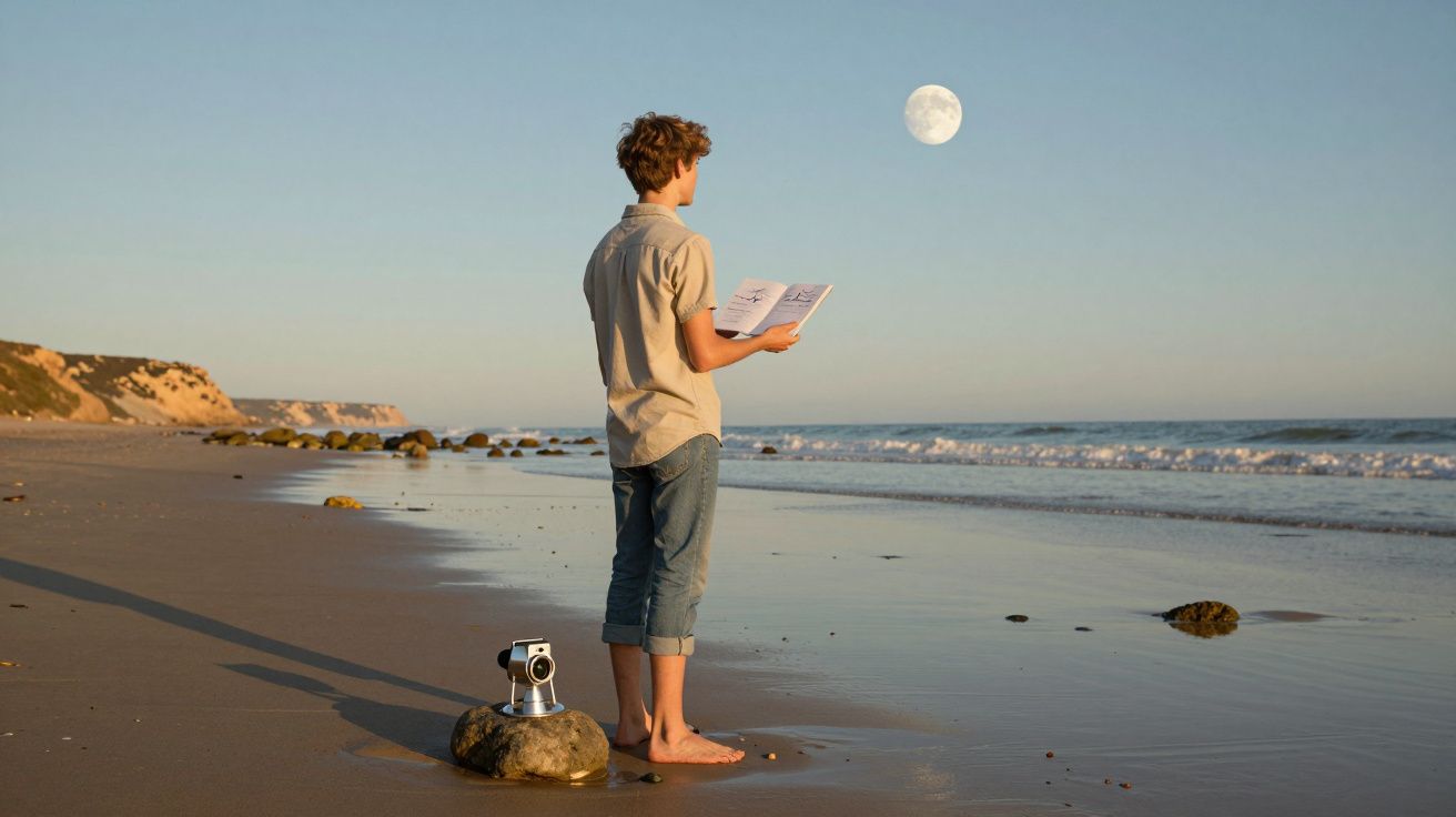Menino descalço lê livro na praia ao entardecer com lua visível no céu e câmera sobre pedra próxima à sua sombra.