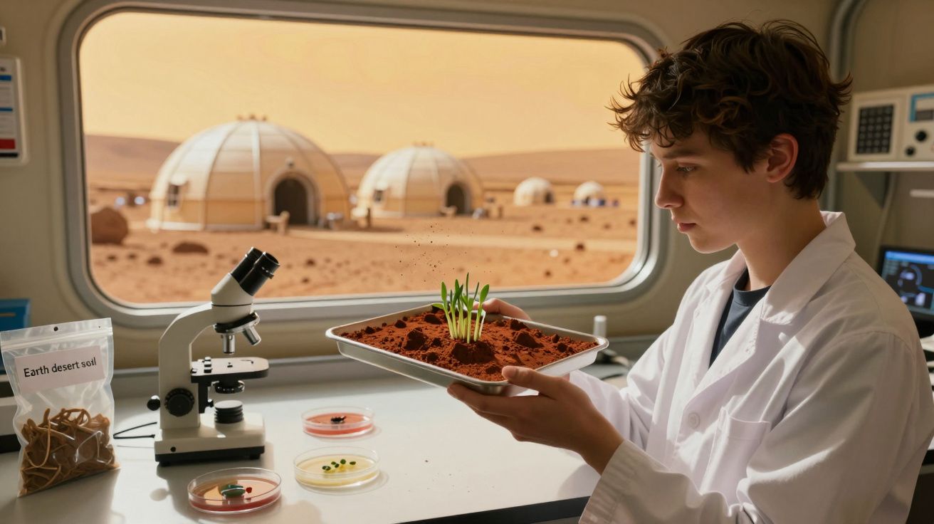 Jovem cientista em laboratório com plantinhas crescendo em solo vermelho, vista de cúpulas futurísticas ao fundo.