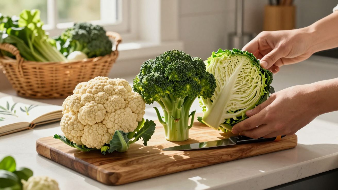 Pessoas cortando repolho ao lado de brócolis e couve-flor sobre tábua de corte em cozinha iluminada.