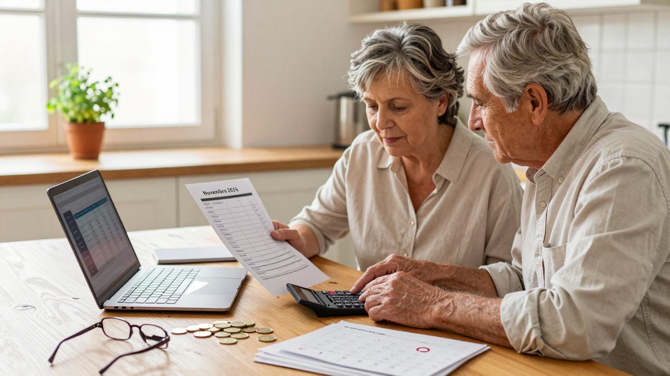 Casal idoso sentado à mesa calculando contas com laptop, papéis, moedas e calculadora.