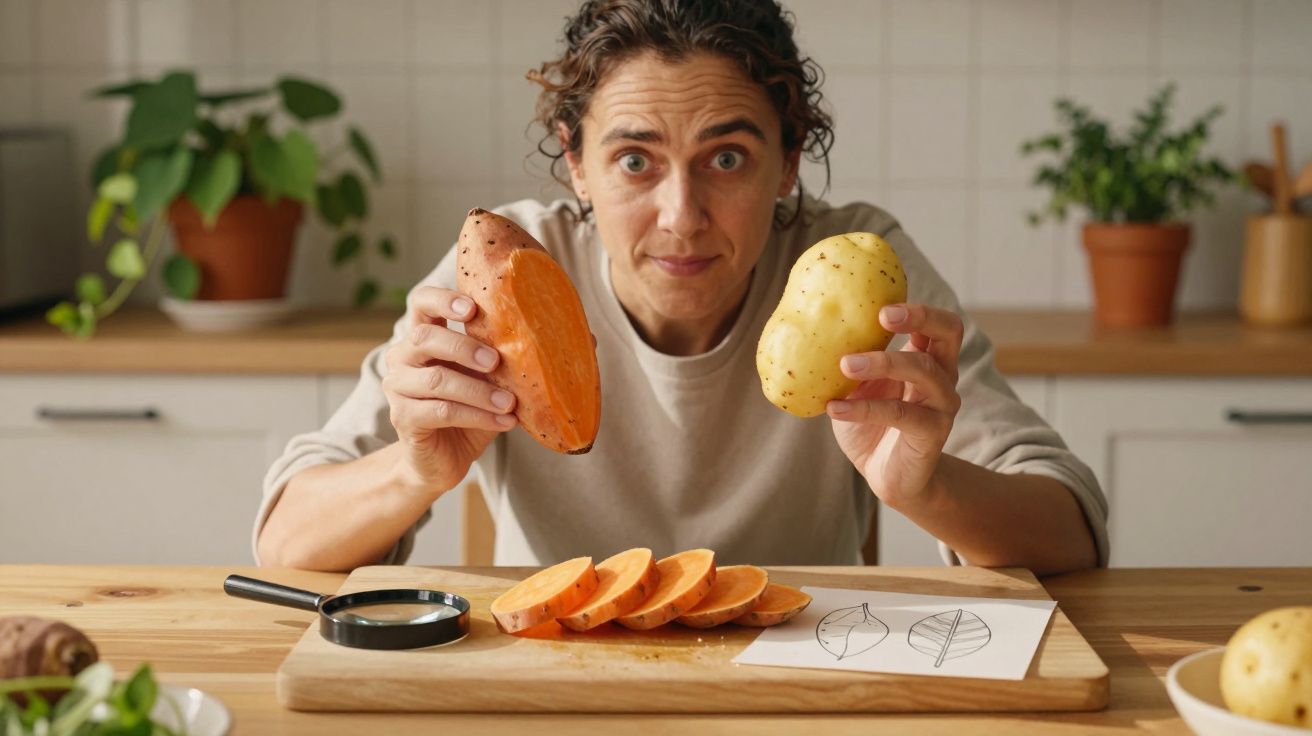 Pessoa segurando uma batata-doce e uma batata comum, com fatias e desenhos sobre mesa na cozinha.