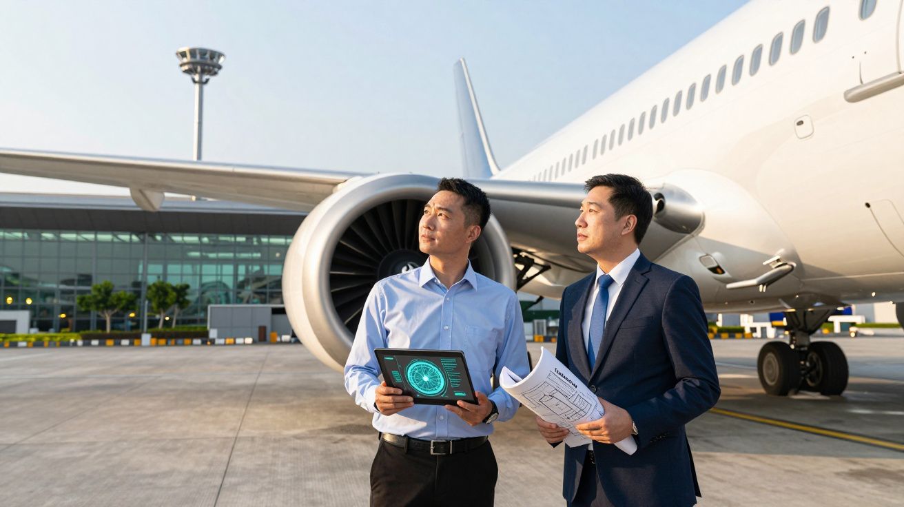 Dois engenheiros em terno e camisa analisam documentos e tablet próximo a um avião no aeroporto.