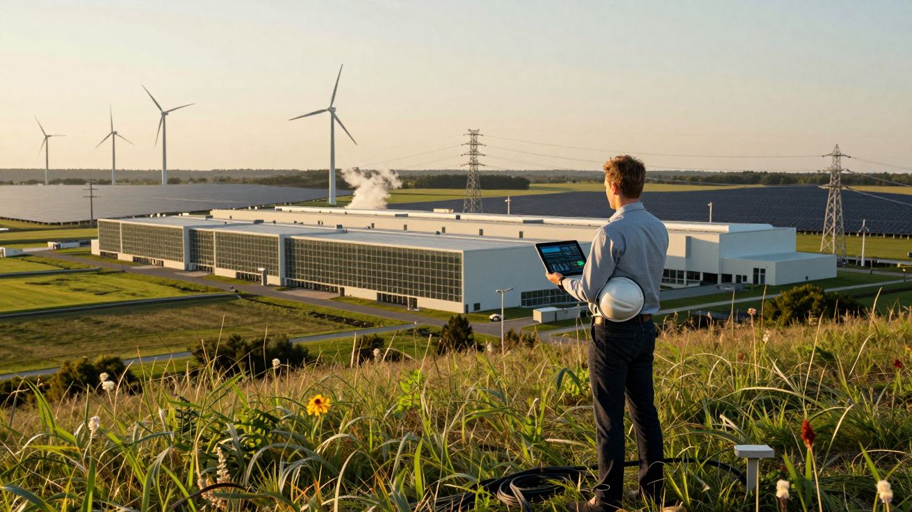 Homem com capacete e notebook observa usina com painéis solares e turbinas eólicas ao pôr do sol.