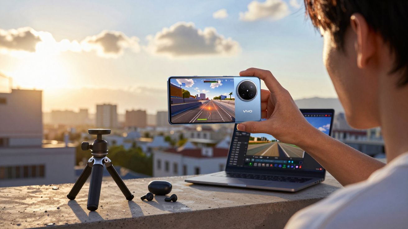 Pessoa segurando smartphone Vivo com jogo de corrida, ao lado de laptop, fones e tripé em varanda ao pôr do sol.