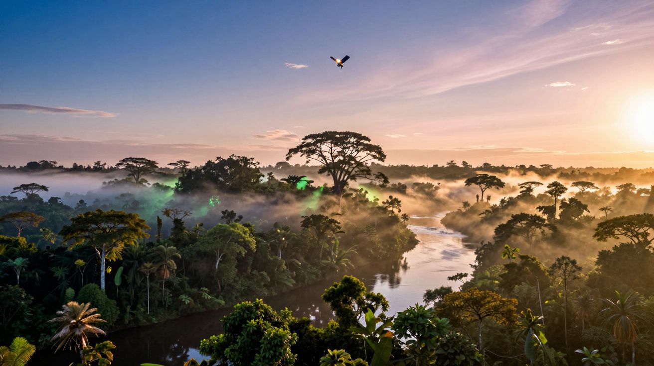 Rio sinuoso cercado por densa floresta tropical ao amanhecer com neblina e pássaro voando.
