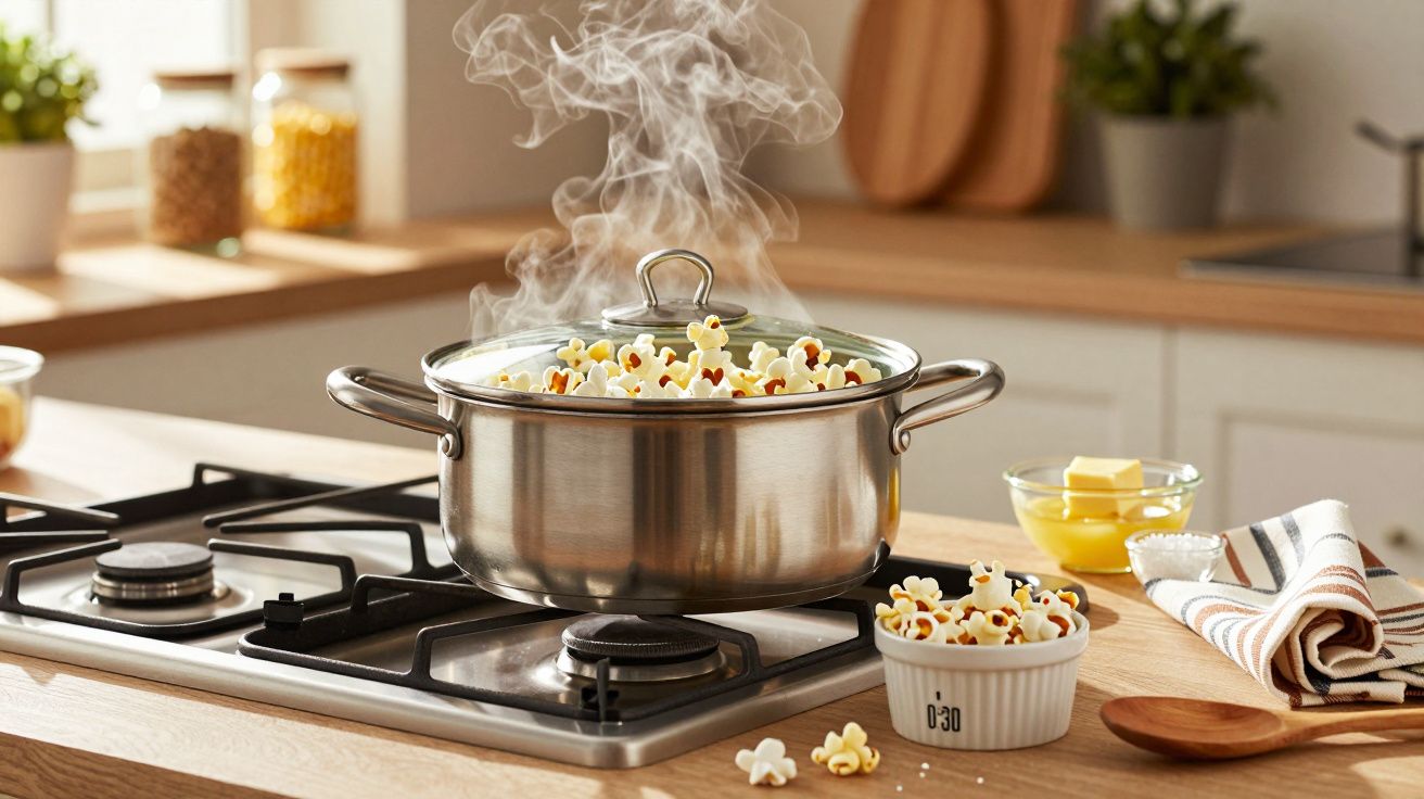 Panela de inox com pipoca estourando em fogão, com manteiga e sal ao lado na cozinha.