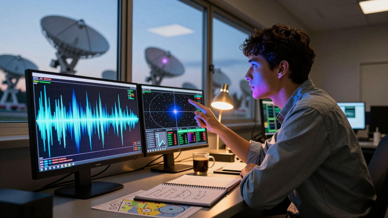 Homem analisando dados em dois monitores com gráficos, ao lado de antenas parabólicas ao entardecer.