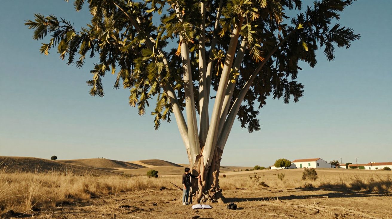 Pessoa observando uma grande árvore com folhas largas em área seca e casas ao fundo sob céu claro.
