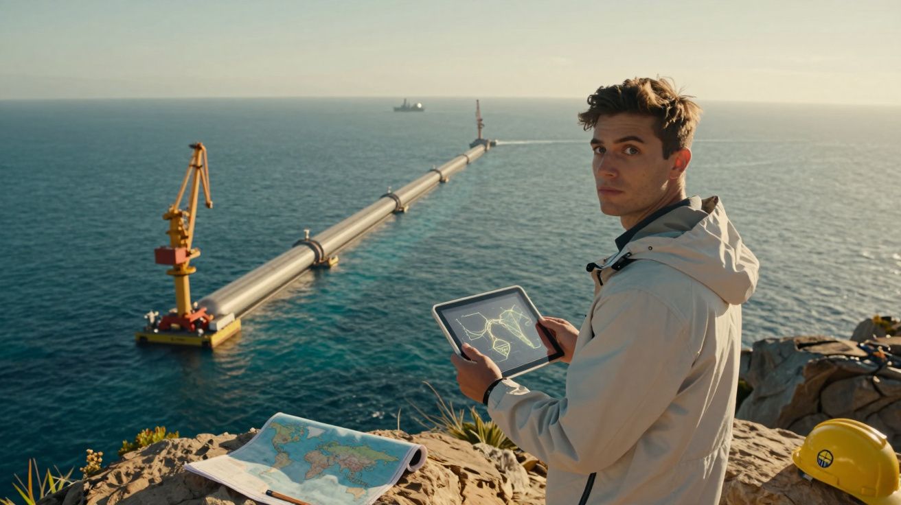 Jovem com tablet observa plataforma marítima, mapa aberto e capacete em penhasco à beira-mar.