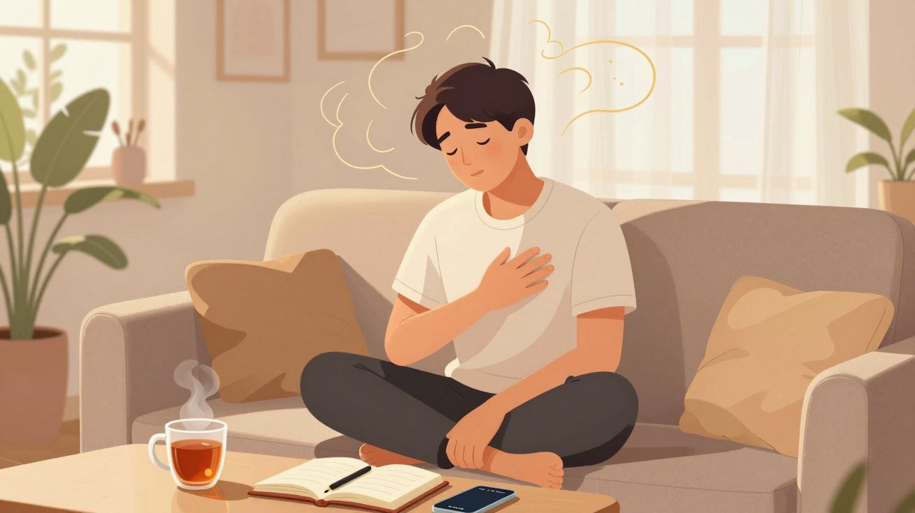 Homem sentado no sofá com expressão de dor no peito, acompanhado de chá, livro e celular na mesa.