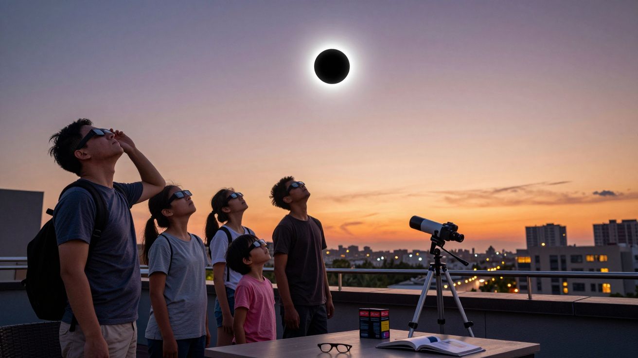 Grupo de pessoas usando óculos de proteção observando eclipse solar no terraço ao entardecer.