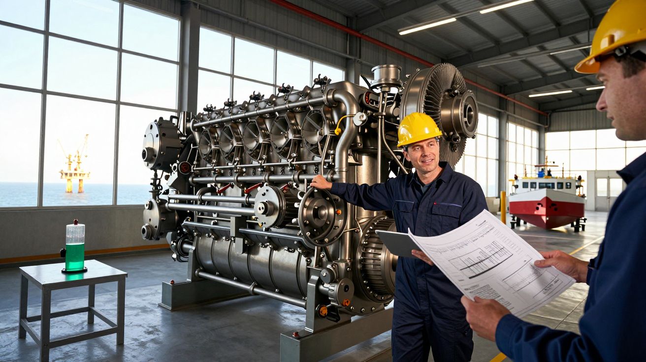 Dois engenheiros em capacetes amarelos inspecionam motor industrial em galpão próximo ao mar, com plataforma petrolífera ao f