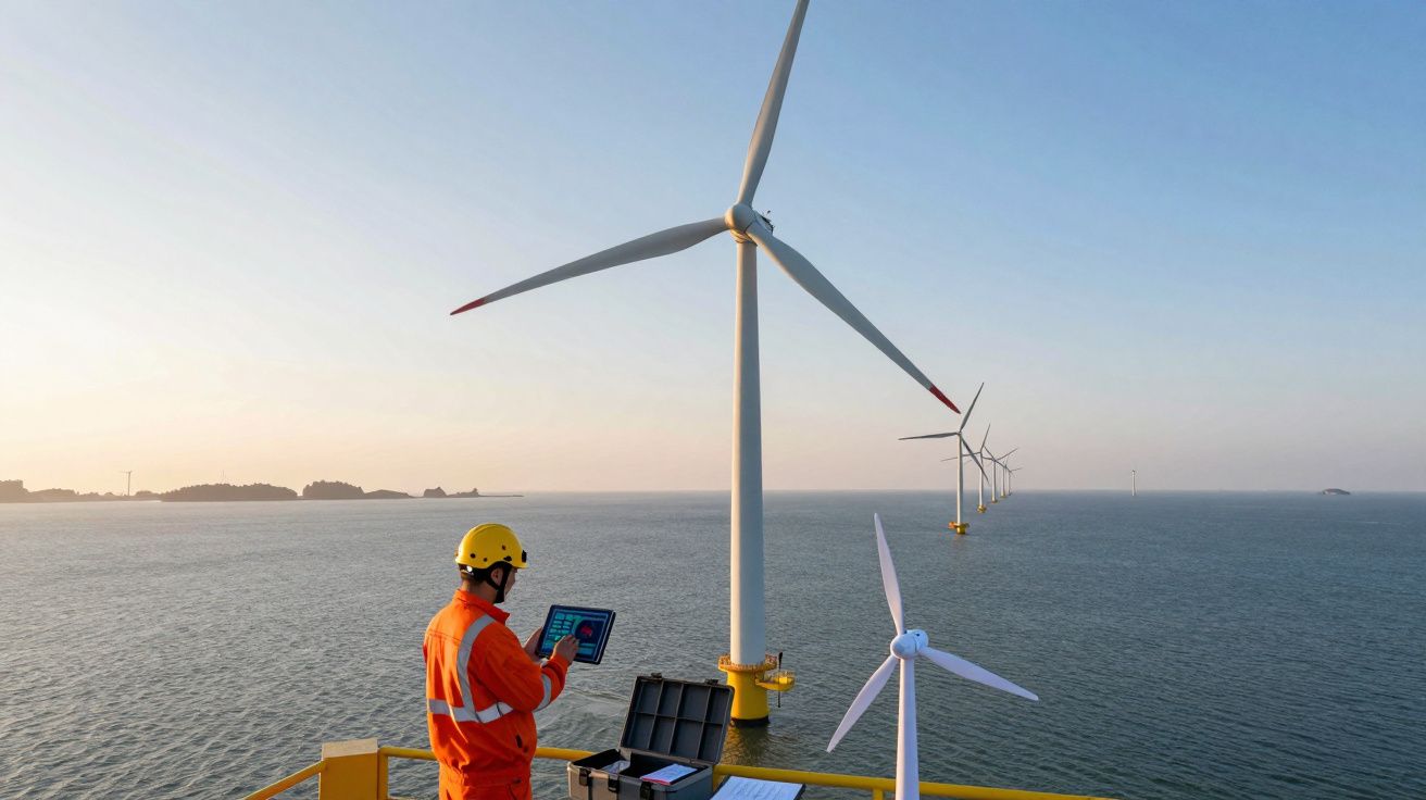 Engenheiro usando tablet em plataforma com turbinas eólicas offshore ao pôr do sol.