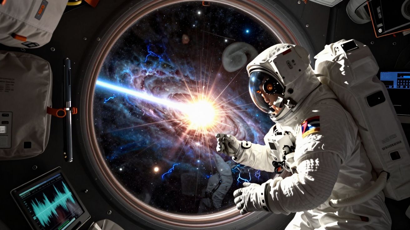 Astronauta observa explosão de luz branca no espaço por janela circular da nave espacial.