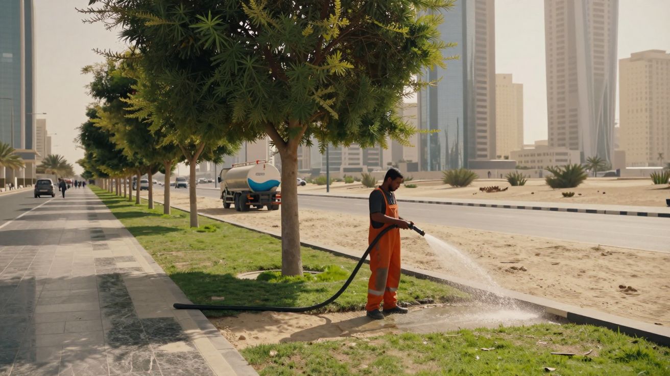 Homem com uniforme laranja rega área verde próxima a calçada em rua de cidade com prédios altos ao fundo.