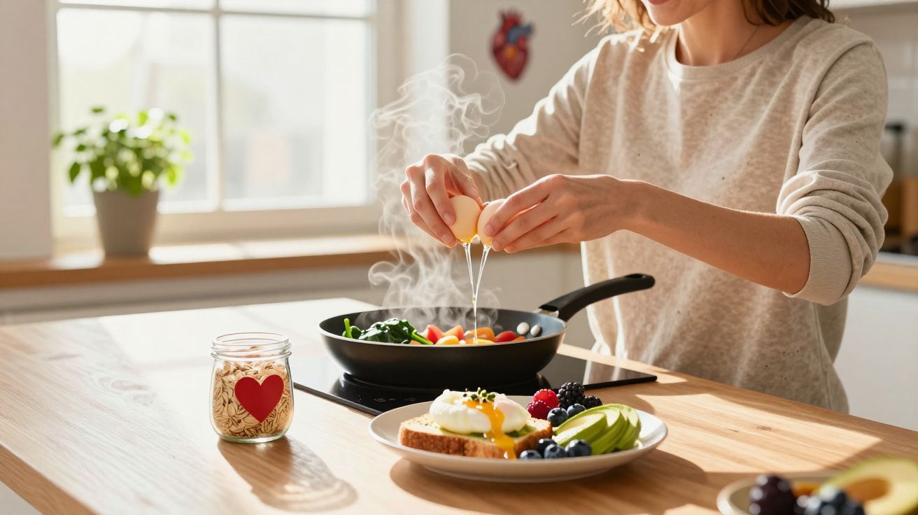 Pessoa quebrando ovo para cozinhar em frigideira com alimentos frescos em cozinha iluminada.