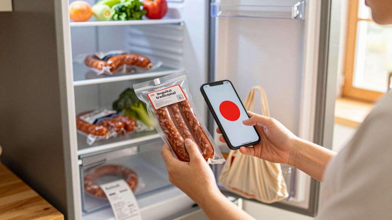 Pessoa segurando linguiça tradicional e celular com código QR em frente à geladeira aberta.