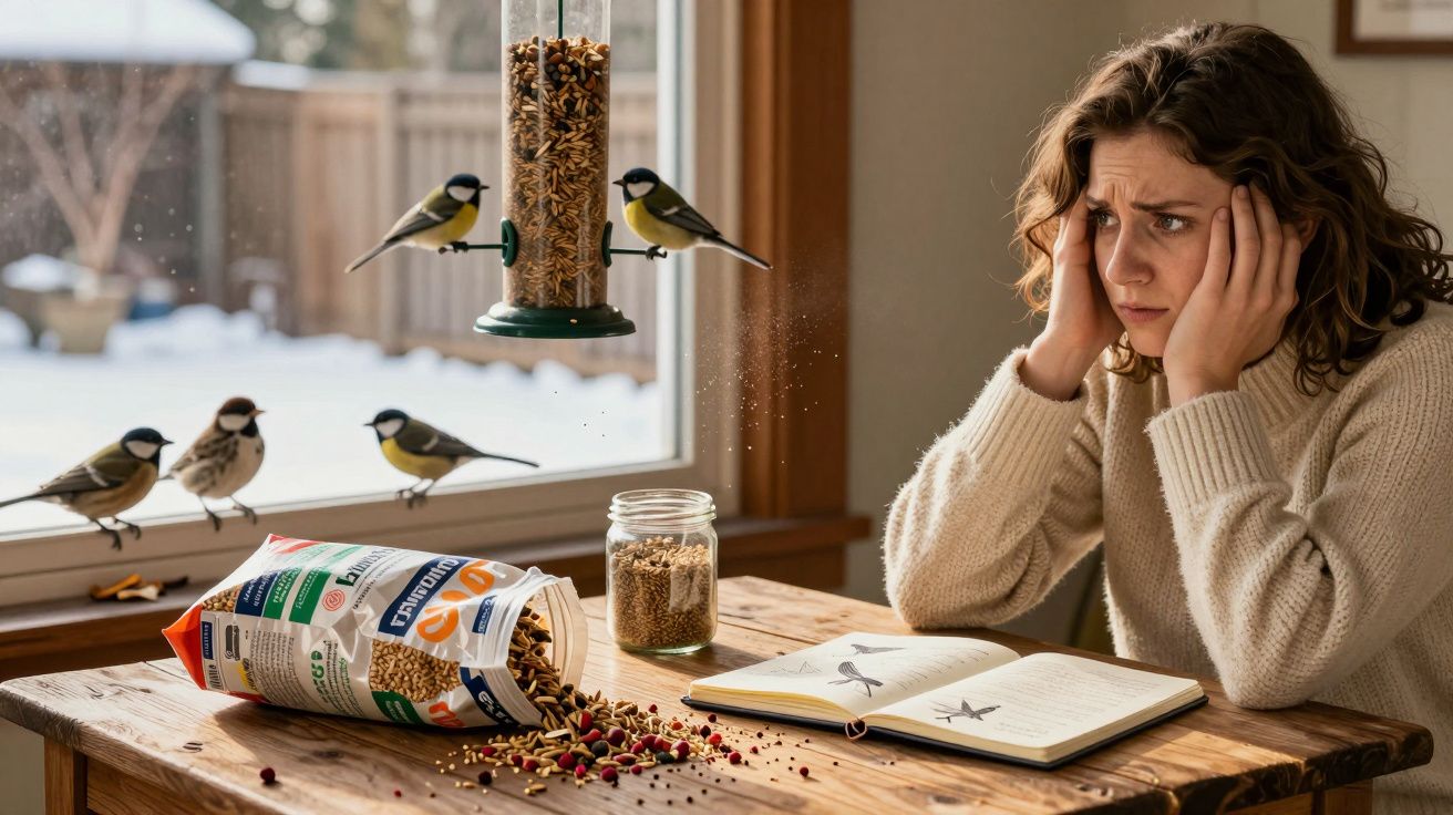Mulher preocupada observa pássaros que comem sementes dentro de casa em uma mesa de madeira perto da janela.