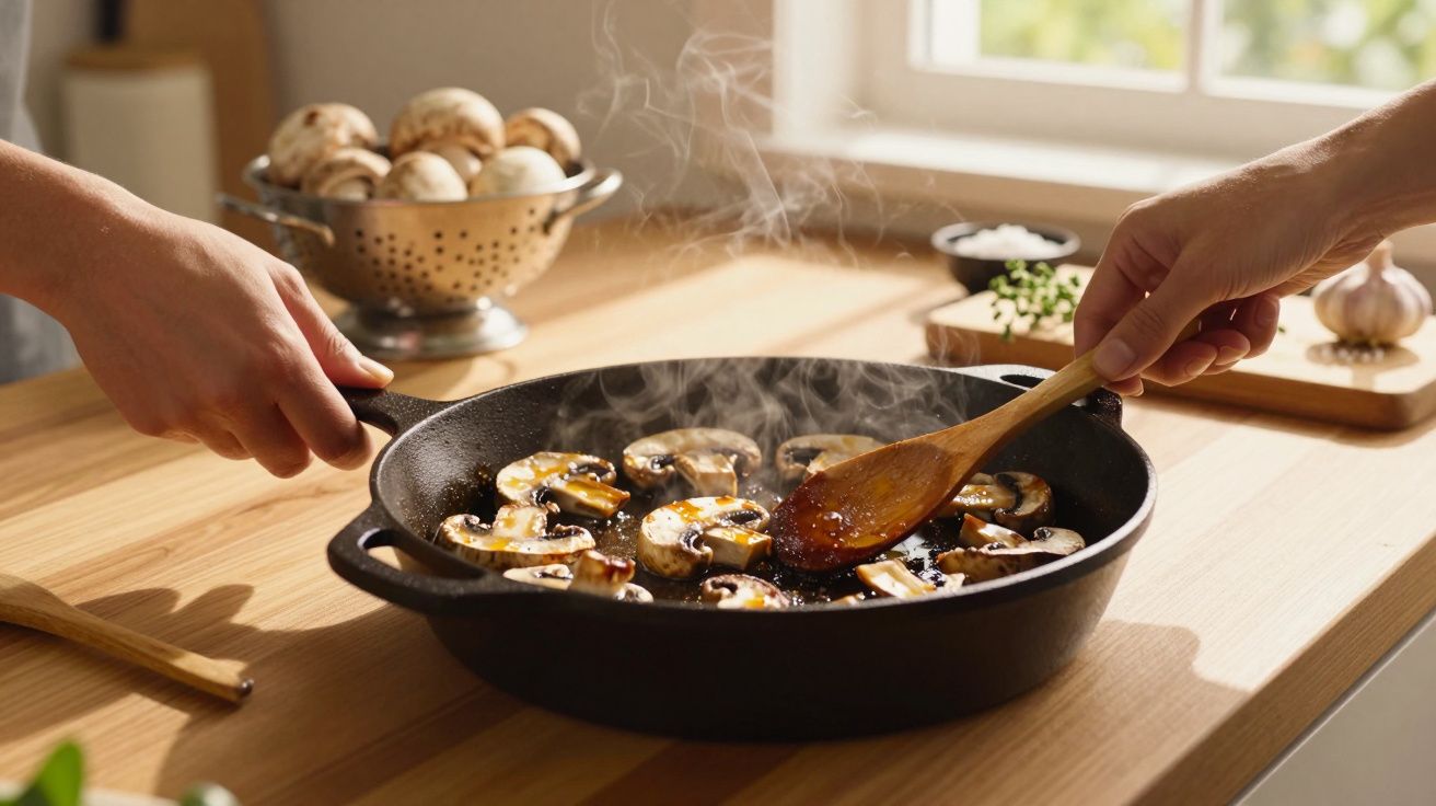 Cozinheiros mexendo cogumelos na frigideira preta sobre bancada de madeira iluminada pela luz natural.