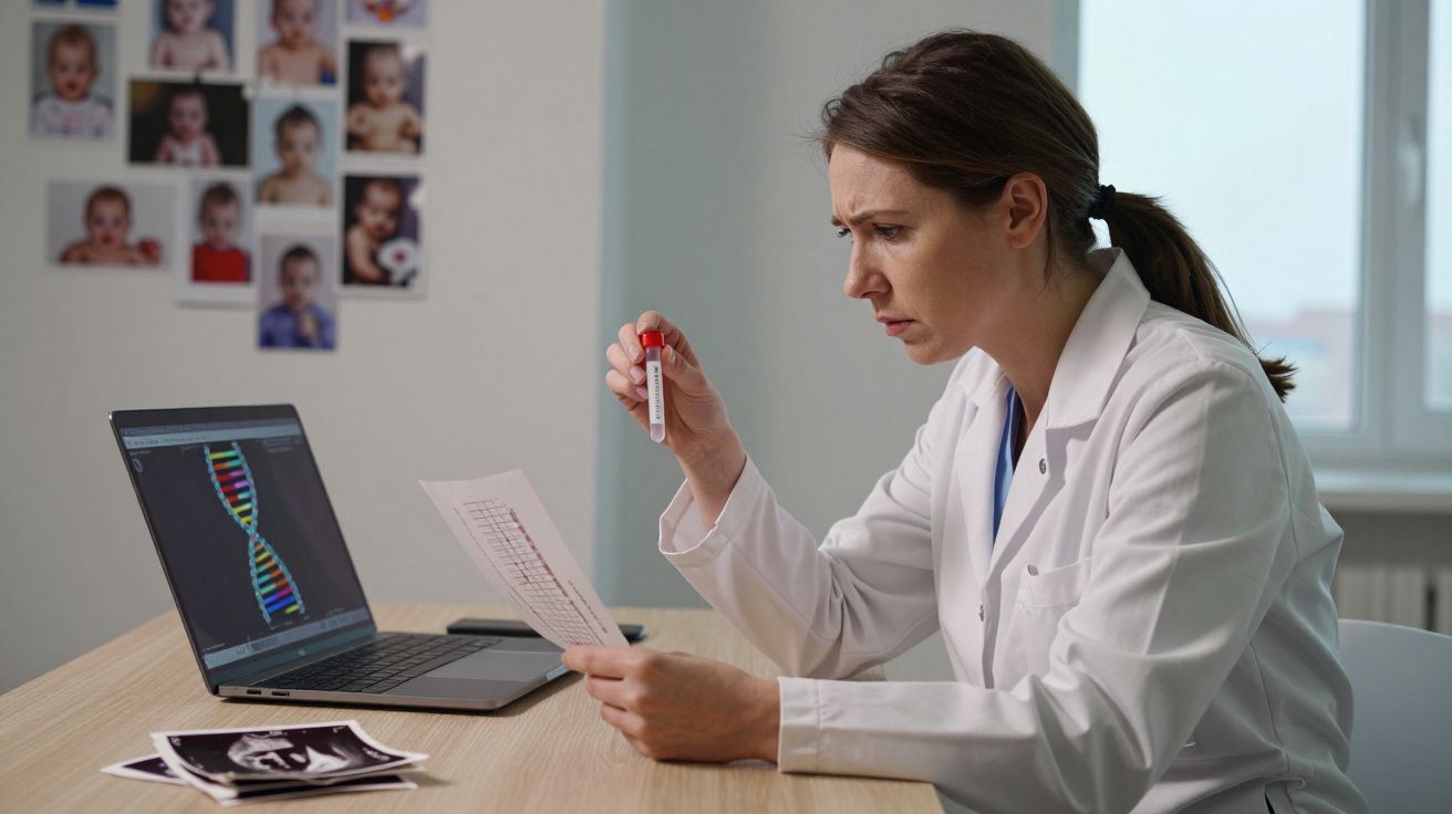 Mulher cientista avalia resultado de exame em tubo de ensaio com DNA no computador ao lado.
