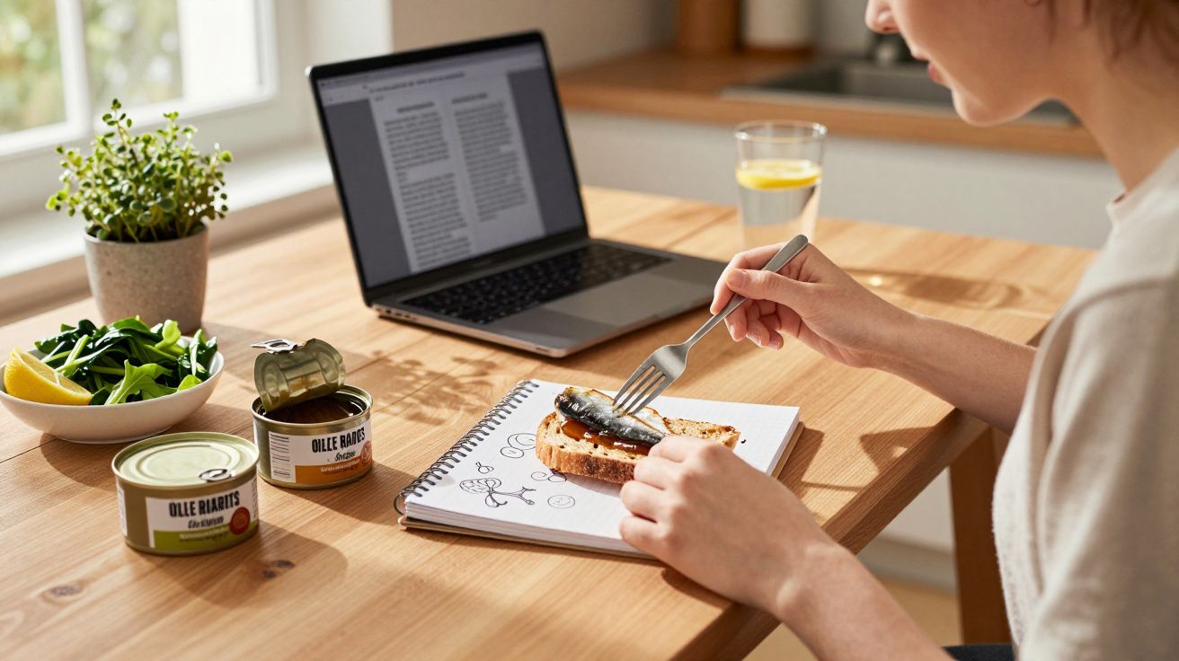 Pessoa preparando sanduíche com sardinha enlatada, perto de salada, planta e notebook em mesa de madeira.