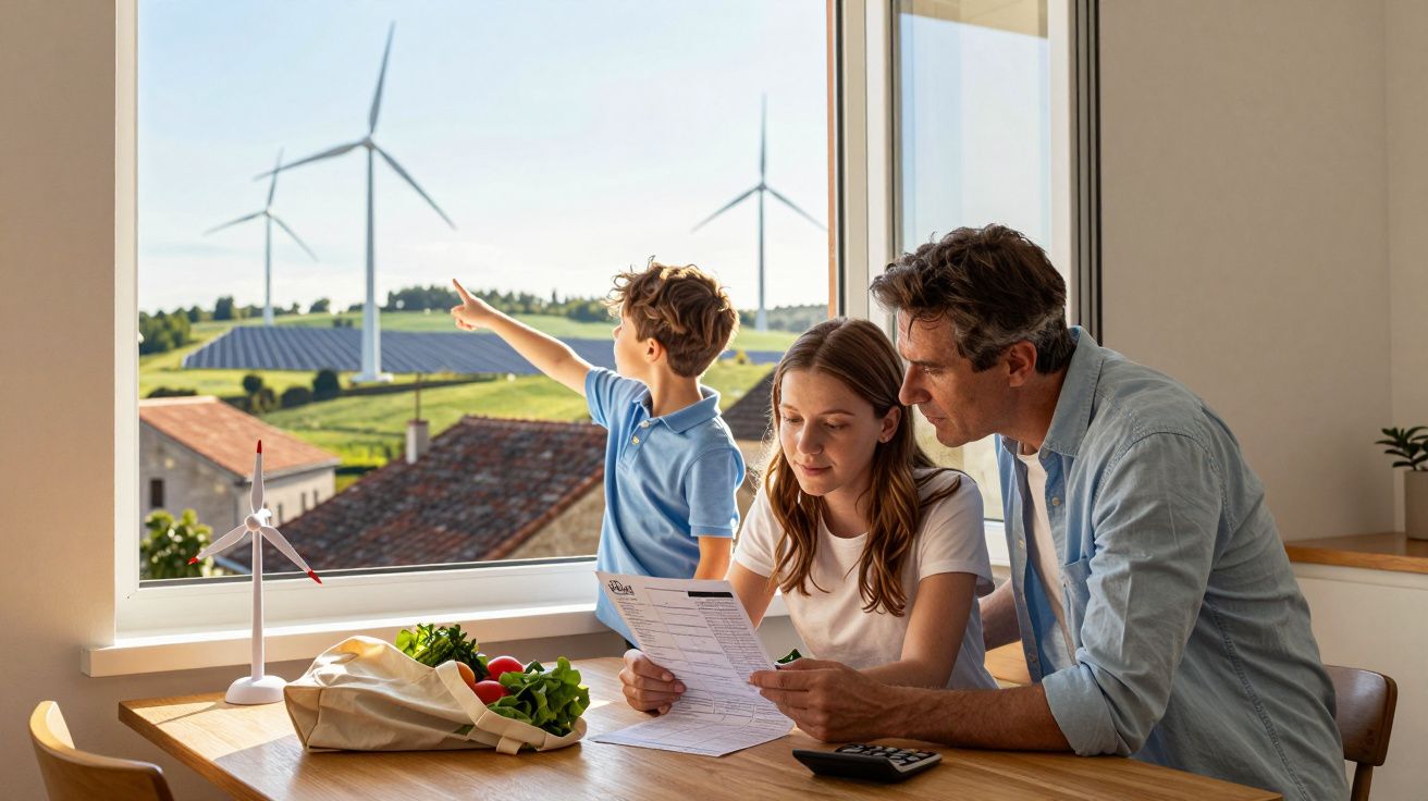 Família analisando contas na mesa com vista de turbinas eólicas e painéis solares ao fundo.