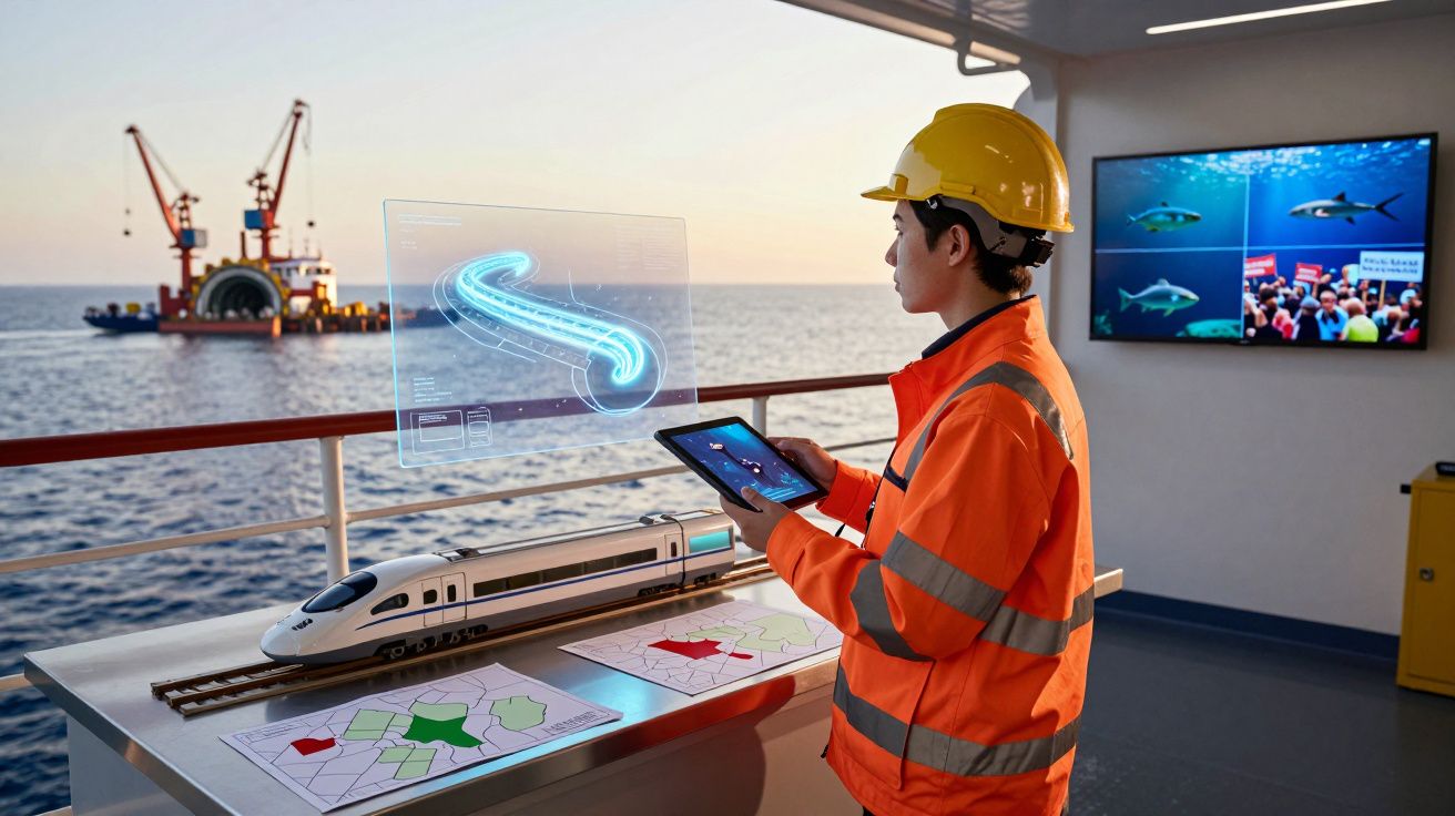 Homem com capacete e colete laranja usa tablet em navio com maquete de trem e holograma no mar.