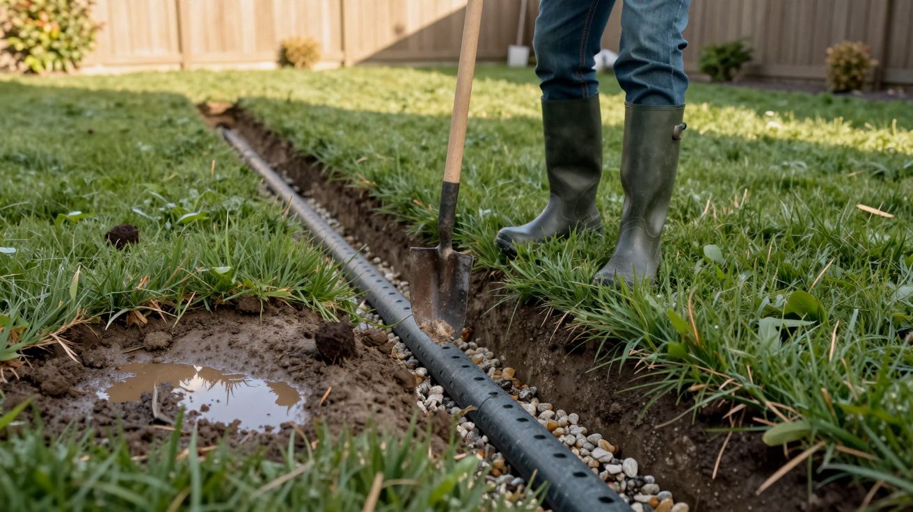 Pessoa com botas de borracha cavando trincheira para instalação de sistema de drenagem no jardim.