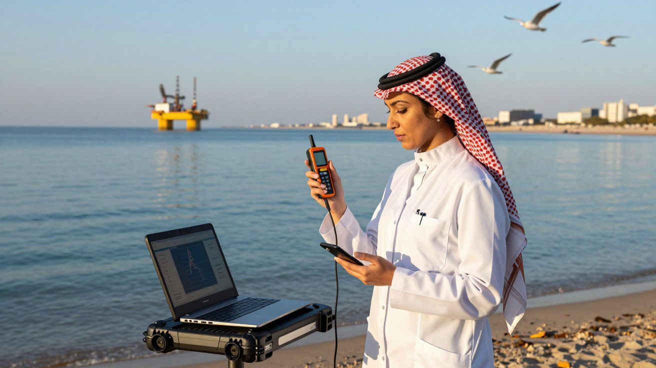 Mulher árabe usando rádio e celular à beira-mar com plataforma de petróleo ao fundo.